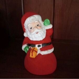 Vintage Retro Red Flocked Ceramic Santa Claus Christmss Figurine Bell
